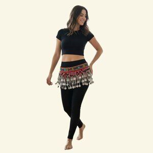Belly Dance Red Hip Scarf Colorful Gems Silver Coins and Bead Chiffon Wrap Skirt
